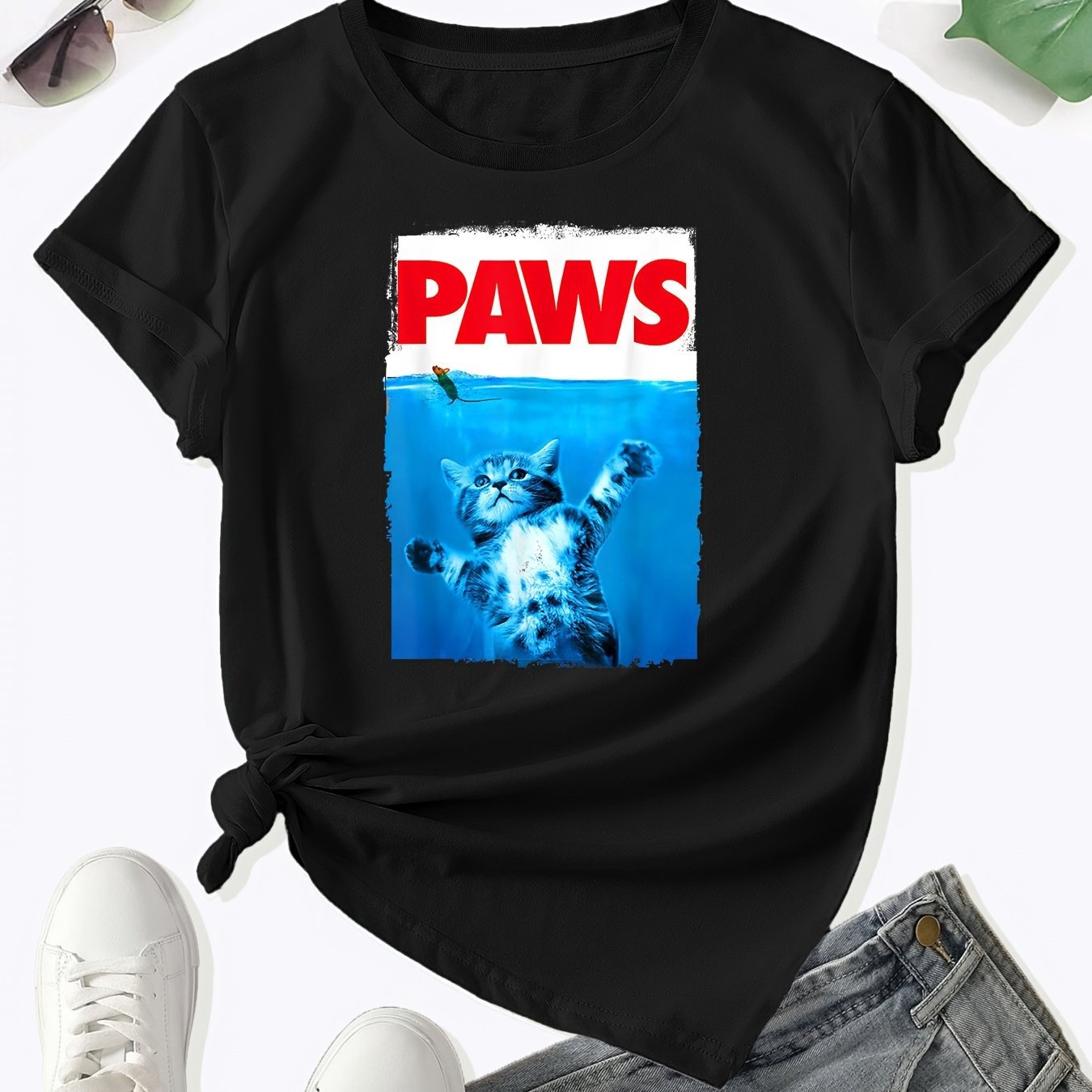 Cat-print Crew-neck T-shirt Casual Short-sleeve Top For Spring