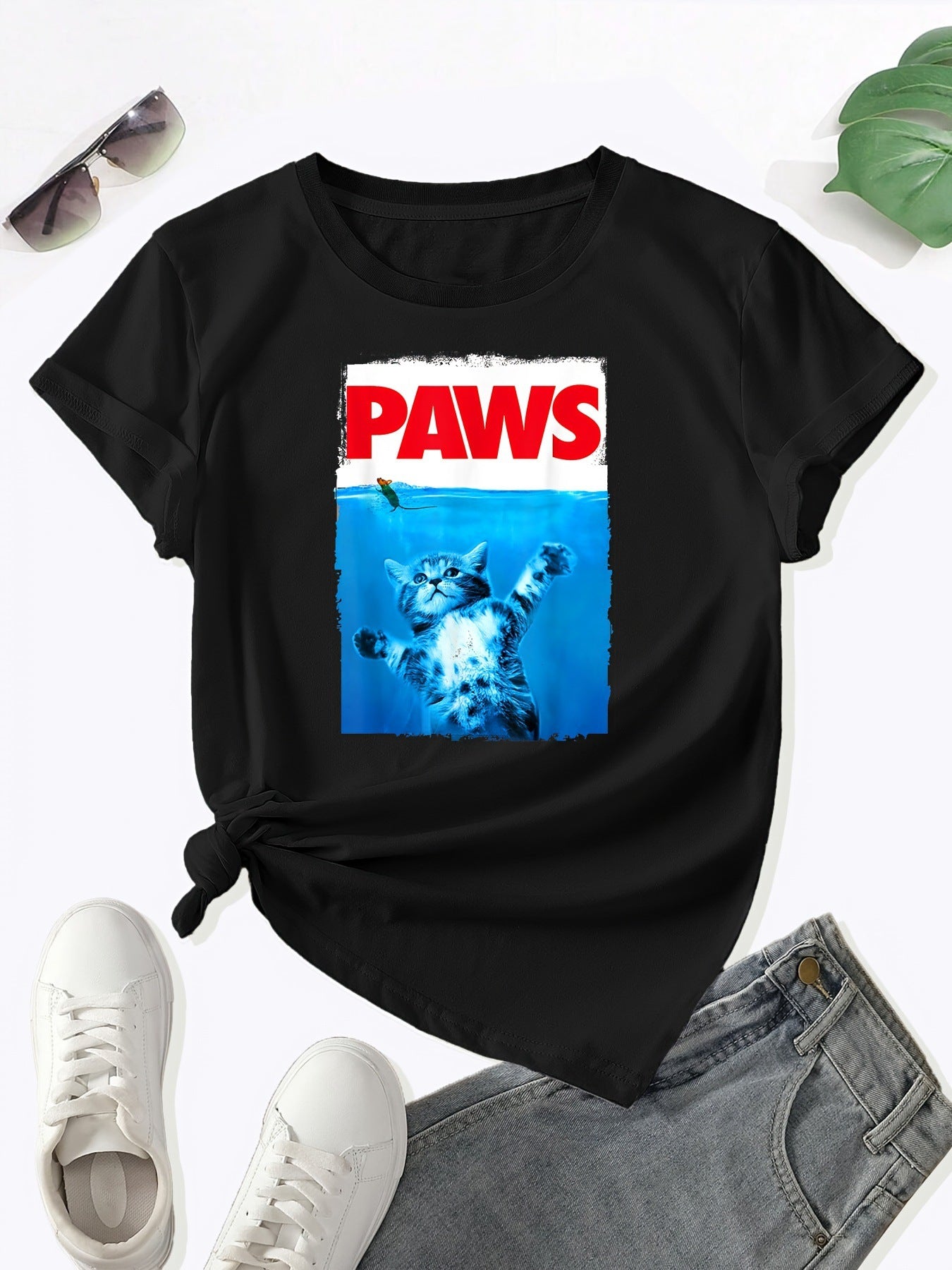 Cat-print Crew-neck T-shirt Casual Short-sleeve Top For Spring